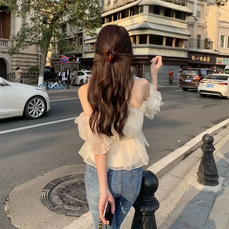 Blouses Women Slash Neck Sweet Girlish Tender French Style Aesthetic Puff Sleeve Clothes Sexy Trendy Princess All-match Summer