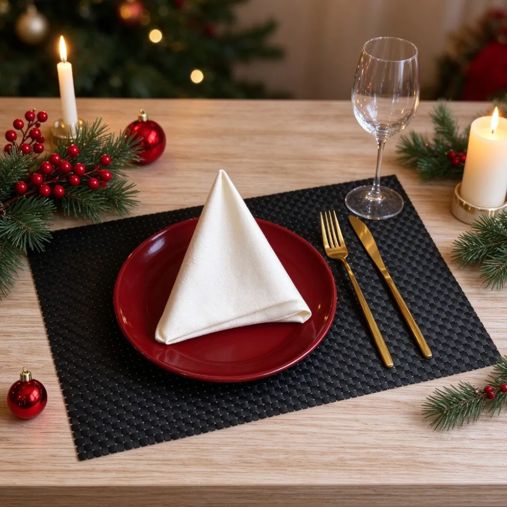 1/4/6PCS Plastic PVC Placemats Basketweave Indoor Outdoor Placemats - No Stain Black And Taupe Vinyl Table Christmas Placemats