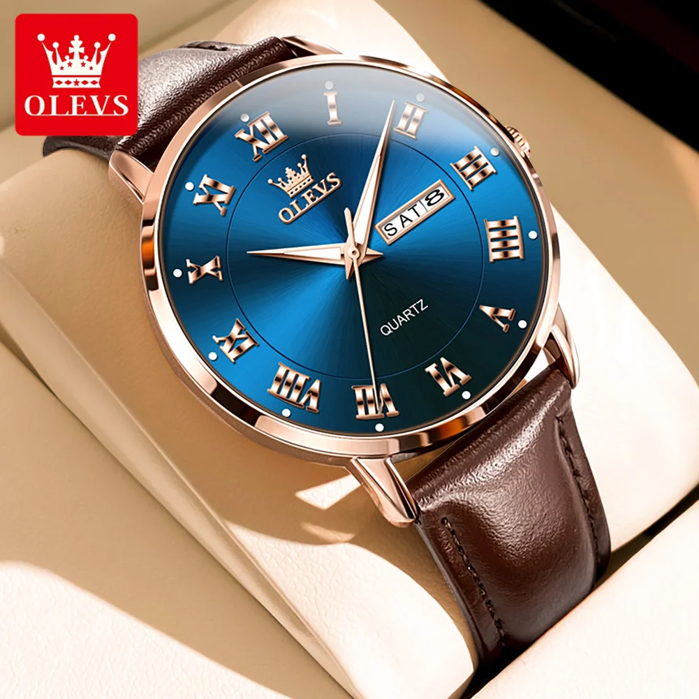 

OLEVS 2920 Dual Calendar Quartz Watch For Men Classic Original Leather Wrist Watches Waterproof Luminous Roman Scale Man Watch