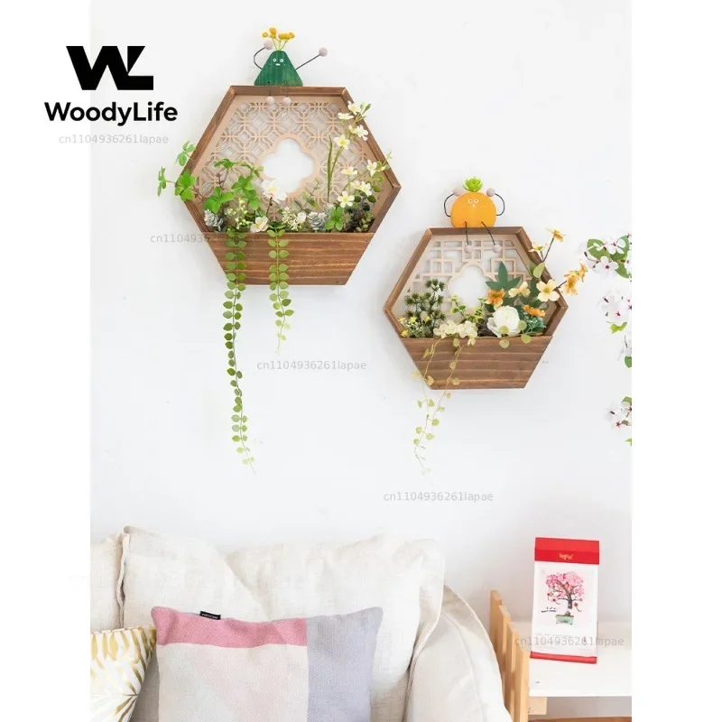 New Chinese False Window Wall Decoration Flower Utensils, Balcony Outdoor Dining Room Bedroom Bedside Wall Hanging Green Plants