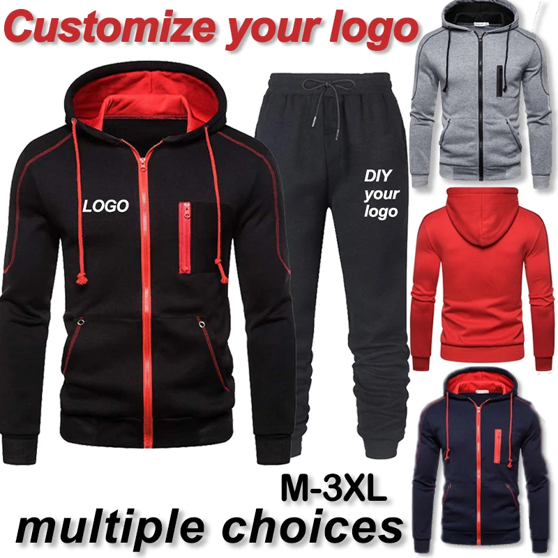 DIY customizes your logo men's zipper hooded sweatshirt sports pants 2-piece set casual sports jacket jogging suit top pants