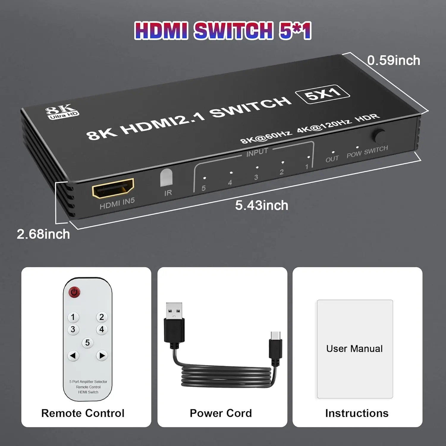 HDMI Switch 8K HDMI 2.1Splitter with Remote 5in1Out HDMI Hub for Multiple Inputs HDMI Multiport Adapter Port Expander Switcher