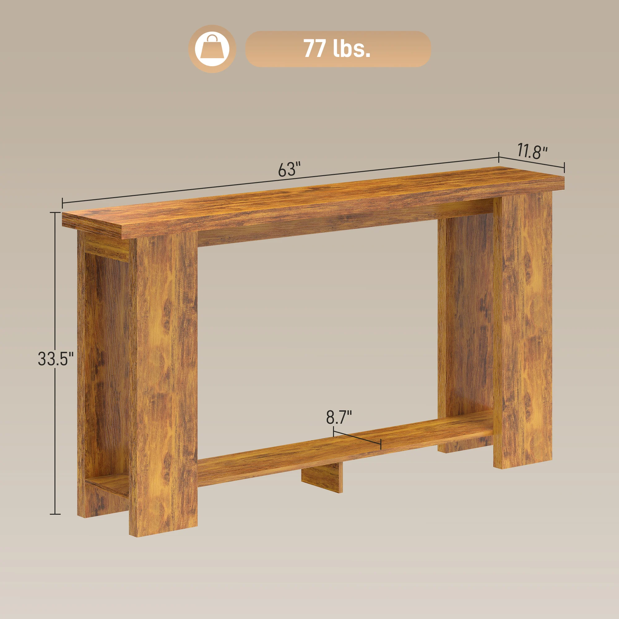 Wooden Entryway Table, Long Narrow Console Table with Storage Shelf, Farmhouse, Thick Tabletop, Behind the Couch, Easy Assembly, 63" x 11.8" x 33.5", for Hallway, Living Room, Distressed Brown view 4