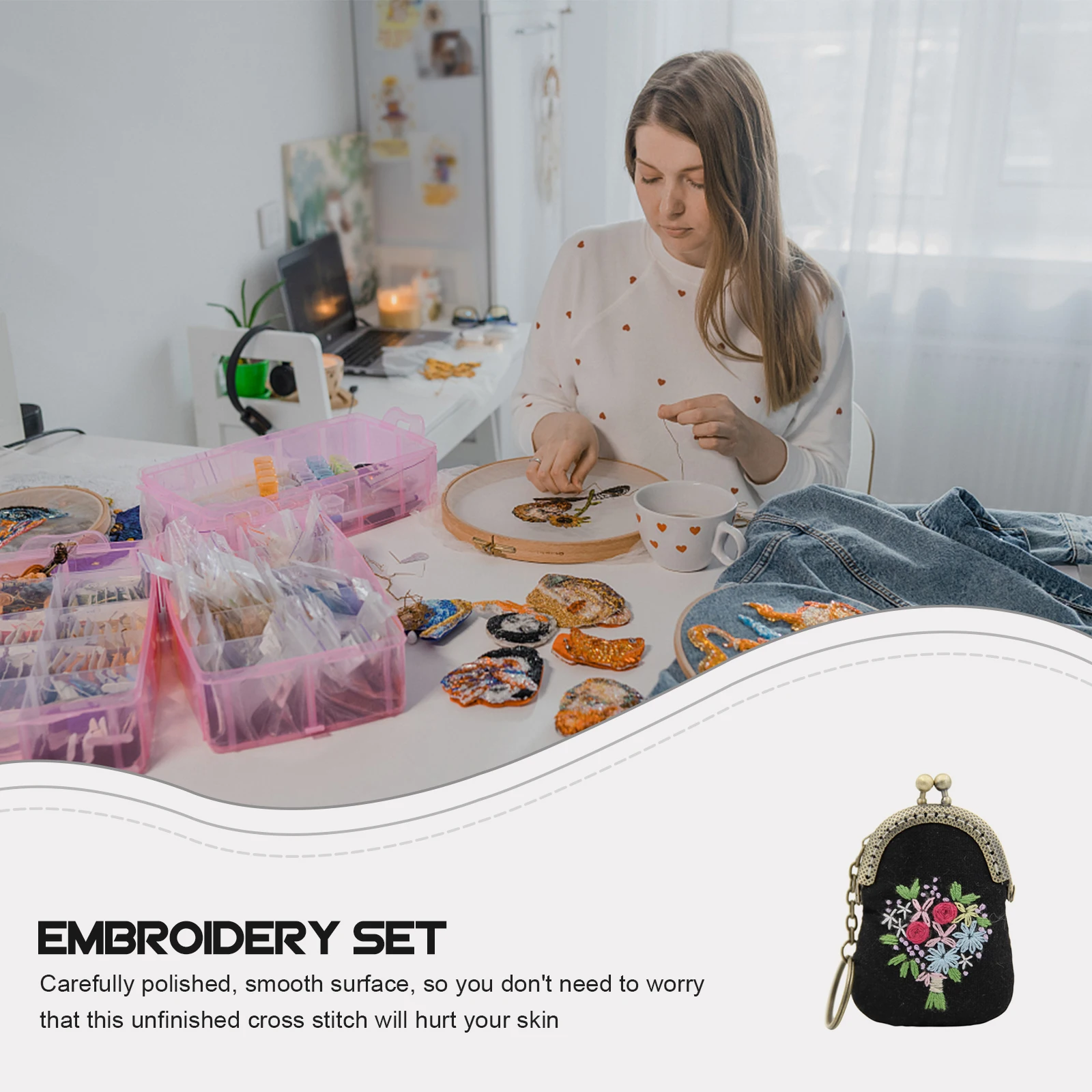 

1 Set Embroidery Bag Kit For Kids Diy Stitching Crafting Material Easy To Carry Safe Smooth Surface Fun Family Activity Cross