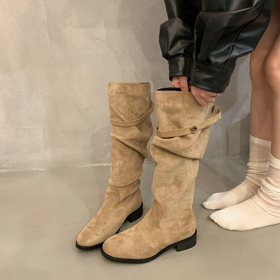 French style thick heeled pile up long boots for women  2026 new spring and autumn versatile long boots for women