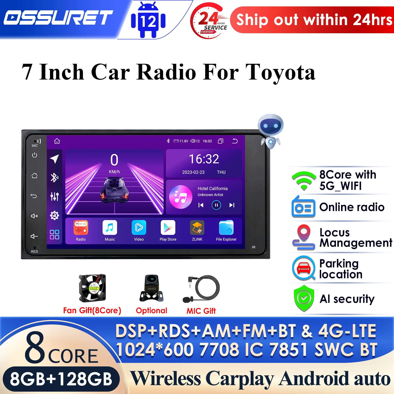 

2 Din Android 12 Universal Car Multimedia Radio Player CarPlay 2Din Stereo for Toyota VIOS CROWN CAMRY HIACE PREVIA COROLLA RAV4