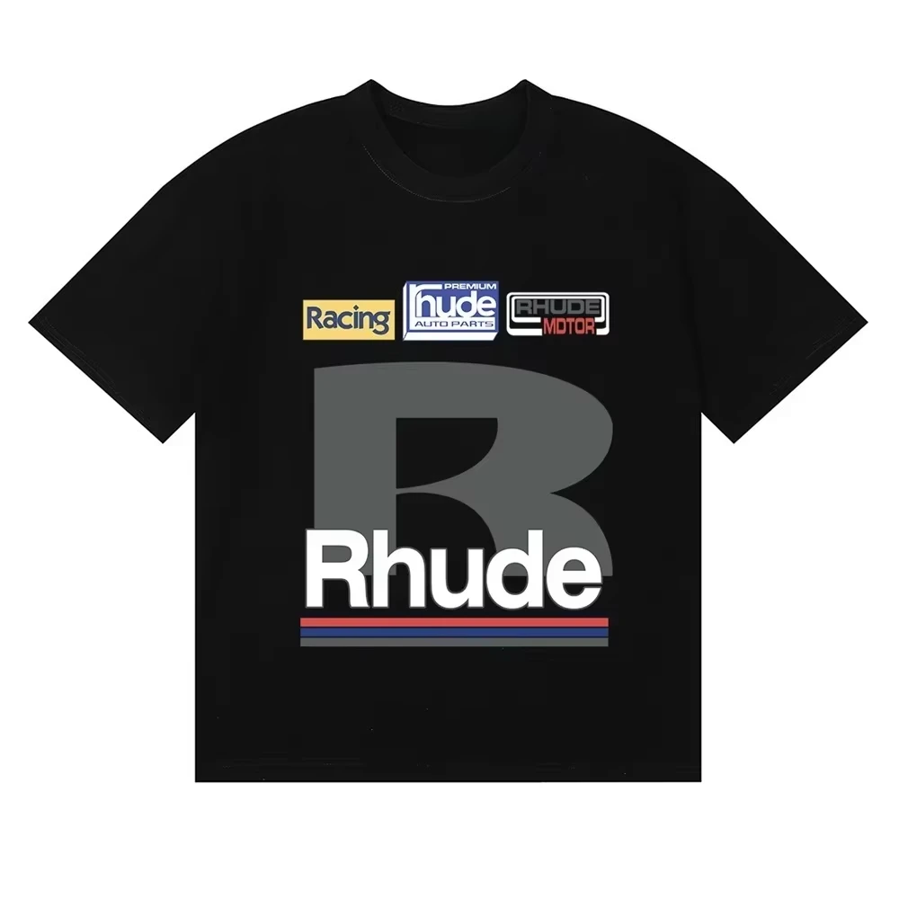 2026 New Rhude Oversized Streetwear Racing Auto Parts Label Big R Letter Stripe Front Graphic T Shirt Motor Tee