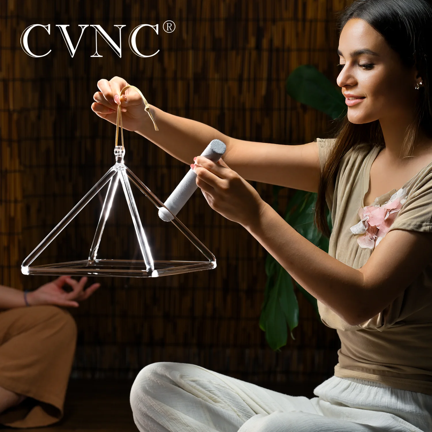 CVNC 4 Inch Clear Quartz Crystal Singing Pyramid for Sound Healing and Meditation with Mallet
