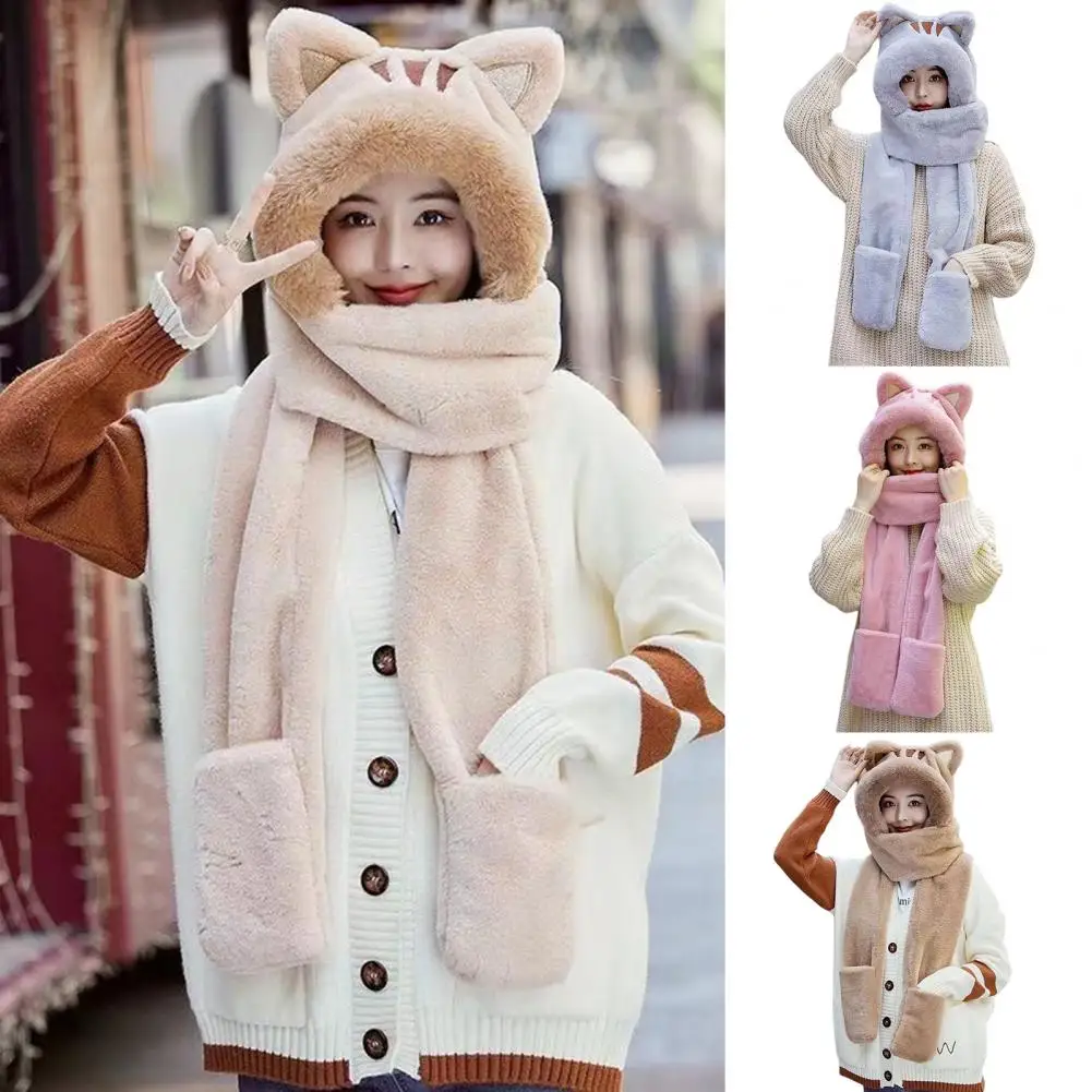 Women Hat Solid Color Cat Ears Design Thickened 3-In-1 Faux Fur Windproof Plush Thermal Hat Scarf Gloves Outdoor Wear