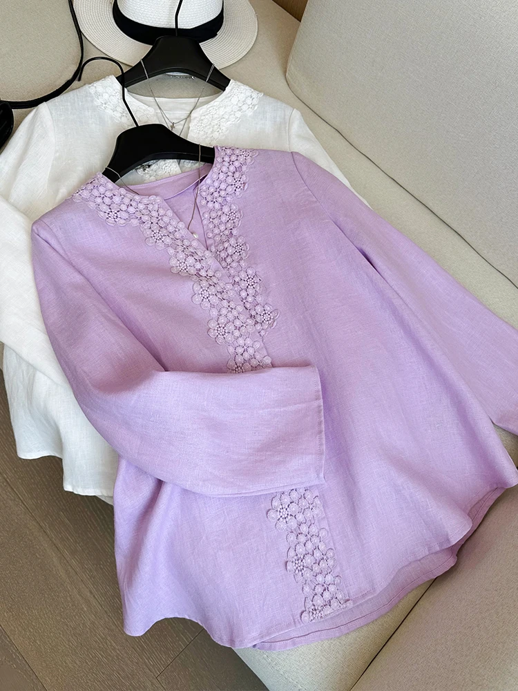 

Новая женская льняная блузка Ele And Simple с длинным рукавом, свободного кроя, с объемной 3D-вышивкой, комфортная для повседневной носки