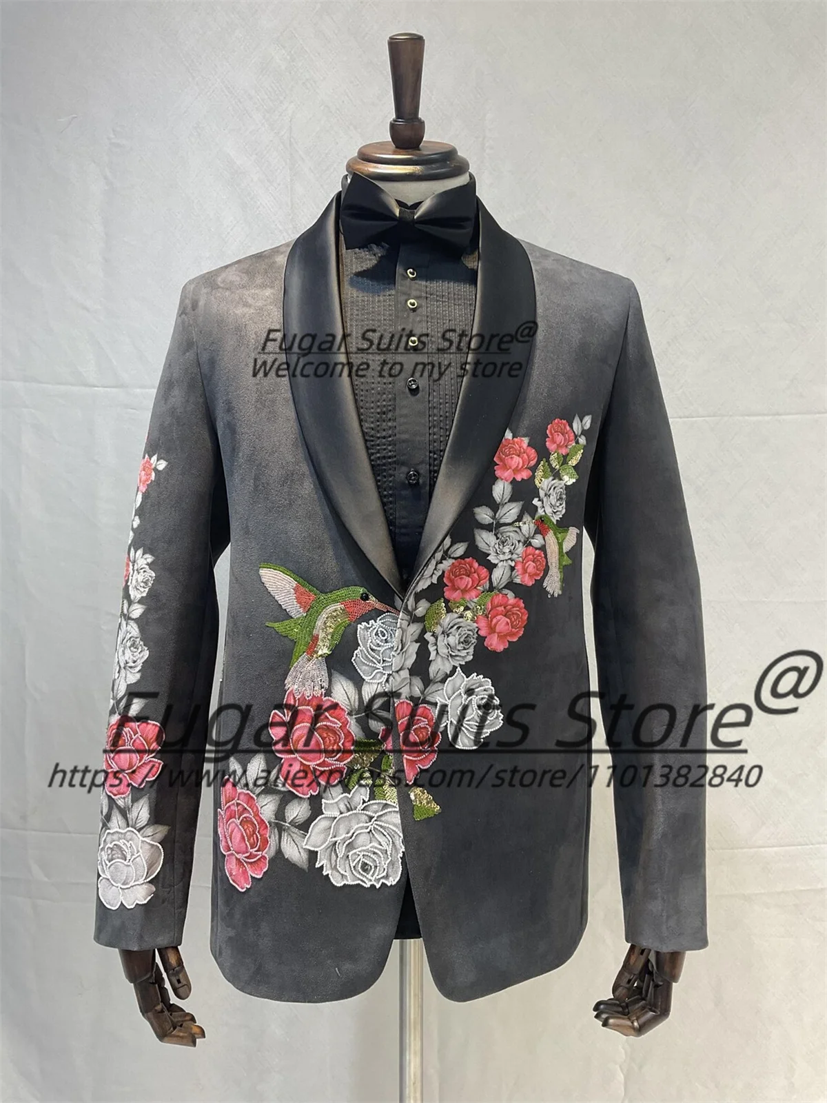 

Customizd Черные замшевые мужские костюмы с цветочным принтом, облегающие свадебные смокинги с шалью и лацканами для жениха, комплекты из 2 предметов, мужские вечерние пиджаки, Ropa Hombre