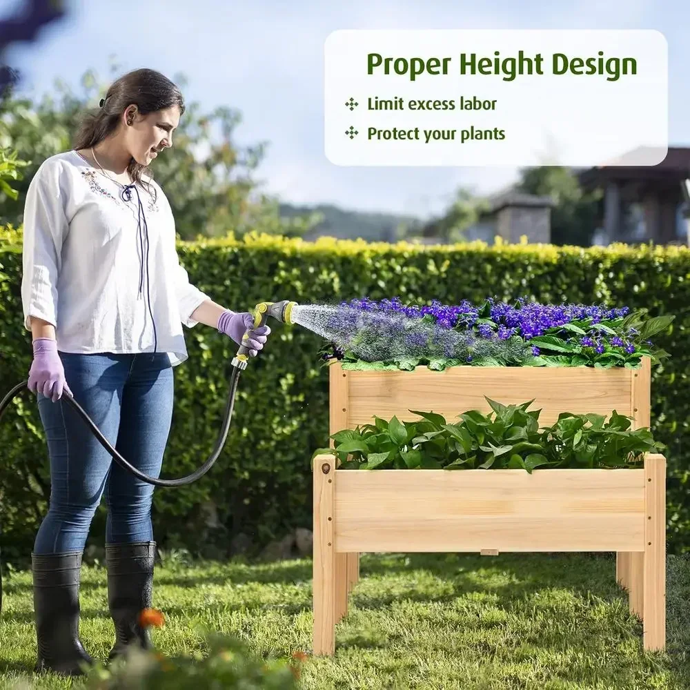2-Tier Wooden Elevated Planter Box with Legs, 8 Drainage Holes, Ideal for Vegetables and Outdoor Balcony Gardening (Natural)