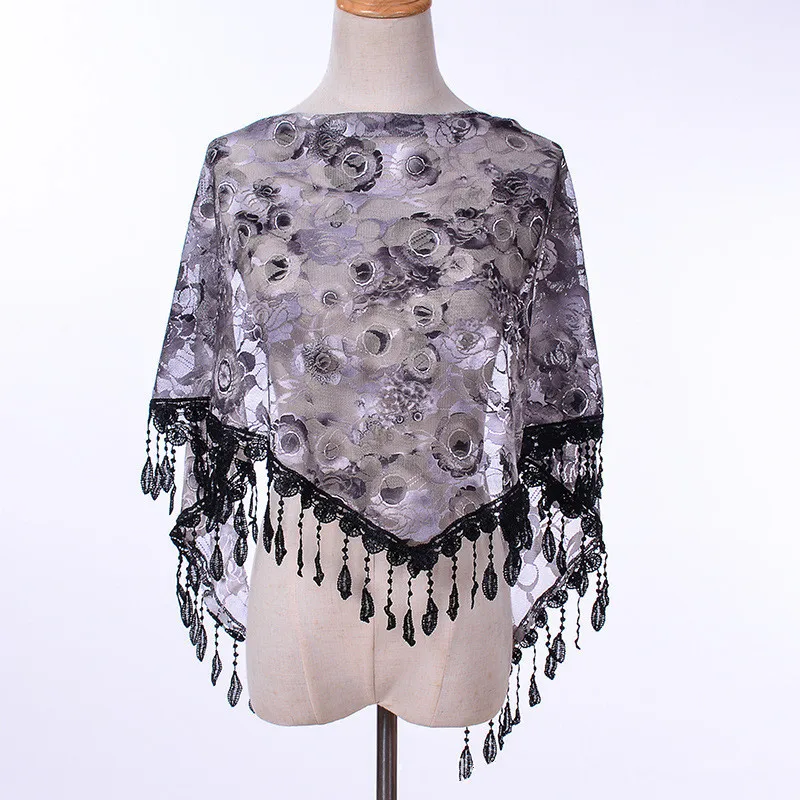 New Muslim Head Wrap Lace Tassel Triangle Scarf Women Flower Shawl Elegant Breathable Wedding Outdoor Accessories 50*150cm