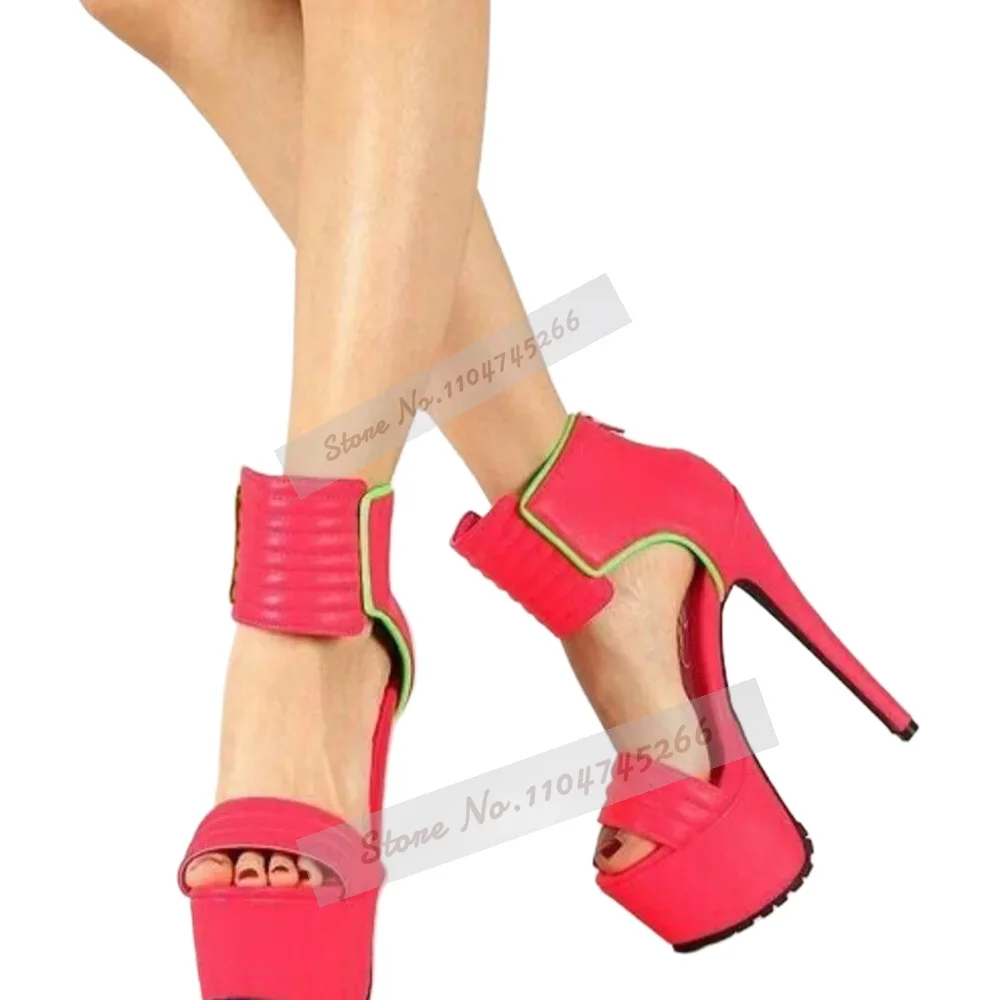 Sandali con tacco alto a righe in pelle opaca rosa rossa Sandali con plateau a fascia larga con cerniera Scarpe eleganti con punta aperta Décolleté da banchetto gladiatore