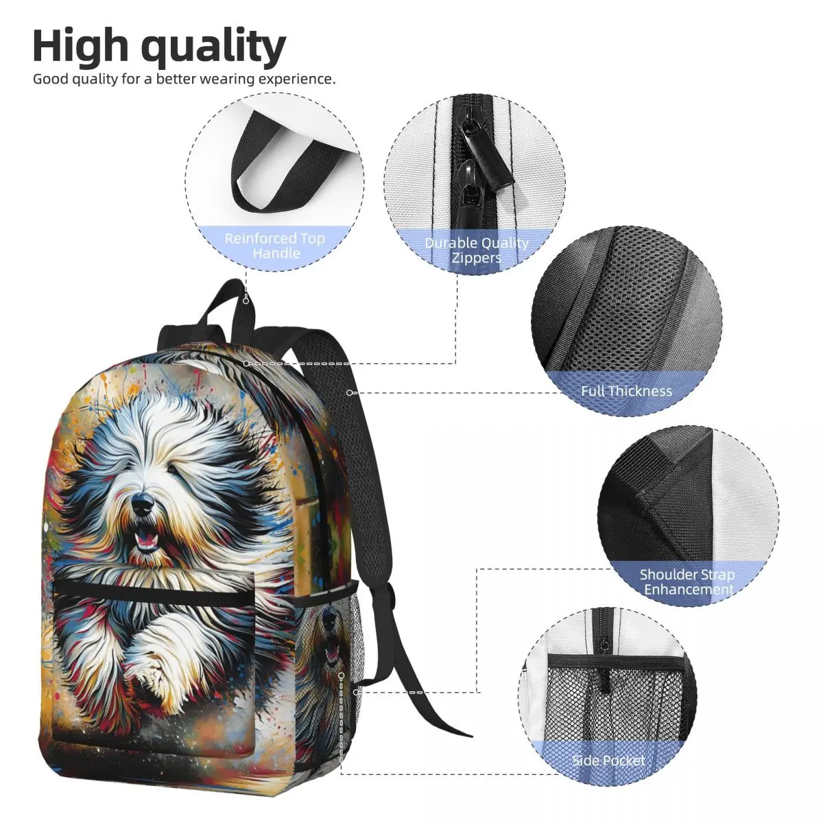 Old English Sheepdog Dog Portrait Acrylic Art Backpack Daypack Large Capacity BookBag School Bag Shoulder Bags for Men Women