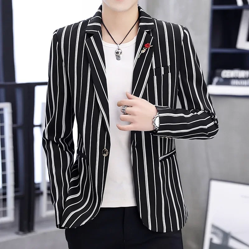 

HOO 2024 Men's Vertical Stripe Slim Fit Suit Youth Casual blazer