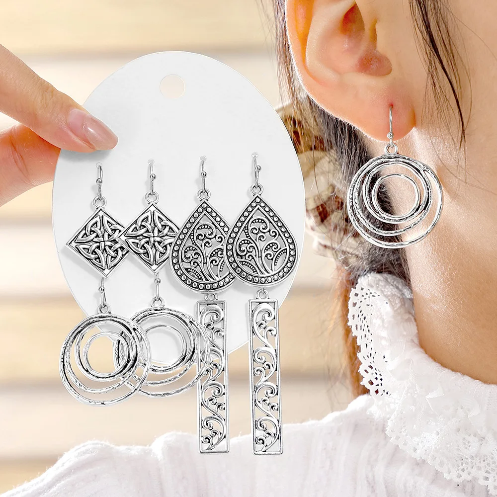 4Pairs/Bundle Vintage Bohemia Ethnic Antique Silver Hanging Dangle Drop Earrings Sets for Women Ladies New Jewelry Accessories