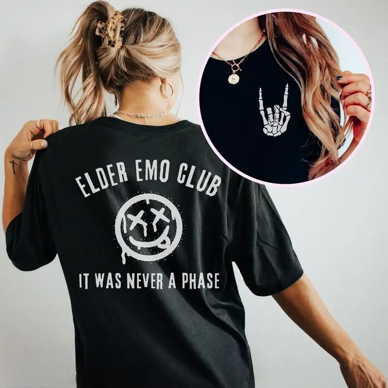 

Elder Emo Club T-shirt for Women Men Retro Slogan Tee Funny Rock Music Graphic Top It Was Never A Phase