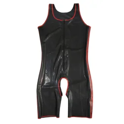 Sexy Sleeveless Latex Mens Catsuit with Front Zip Crotch Opened Rubber Bodysuit Handmade Jumpsuit S-LCM058