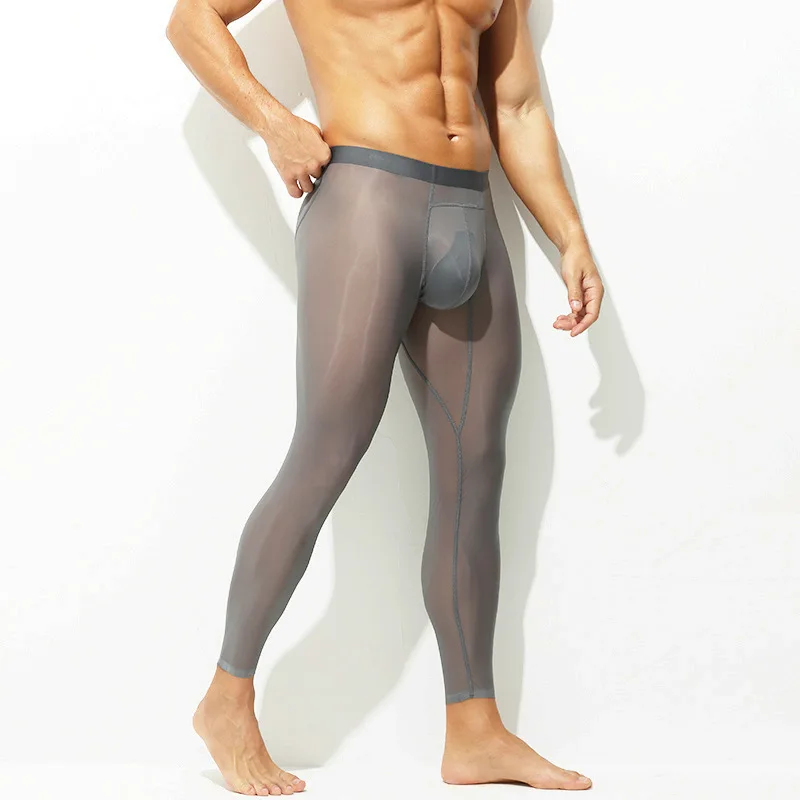 Men Long Johns Transparent Nine-Point Pants High-Elastic Shark Leggings Stretchy U Convex Pouch Sweatpants Ultra-Thin Underwear
