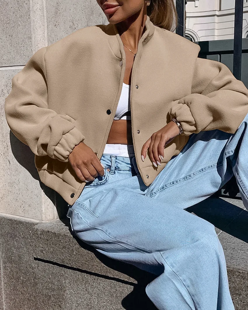 Autumn winter Bomber jacket fashion khaki thick standing collar woolen coat European Single Breasted Long Sleeve Coat Women