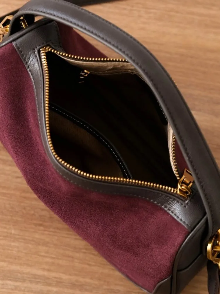 Office Ladies Elegant Suede Cowskin Genuine Leather Tote Handbag Women Spliced Design Single Shoulder Bag Vintage Messenger Bags
