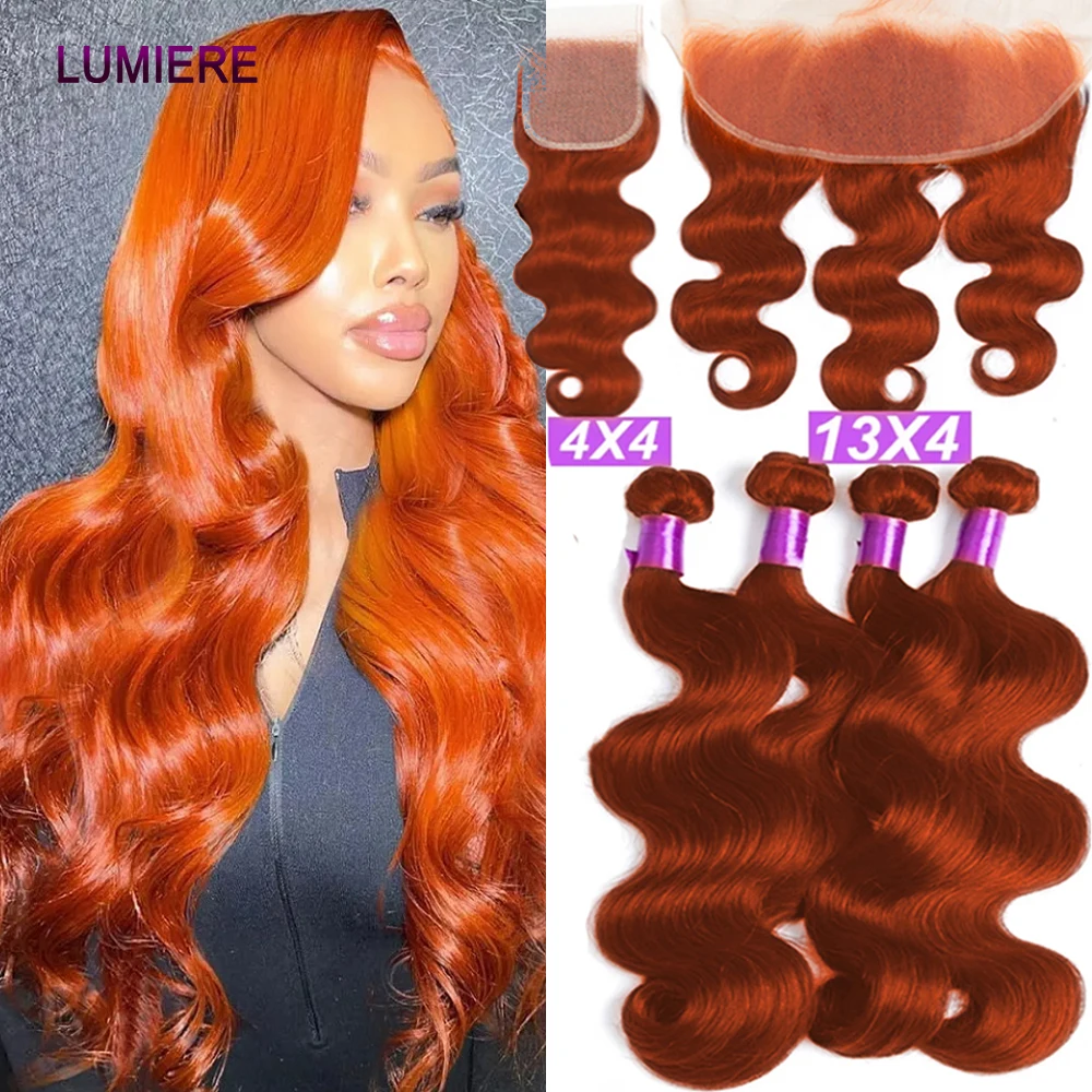 Extensiones de cabello humano virgen con cierre Frontal, accesorio capilar de color naranja jengibre, 8-30 pulgadas, n. ° 350, 5x5, 6x6, cierre de encaje HD con paquete de agua profunda