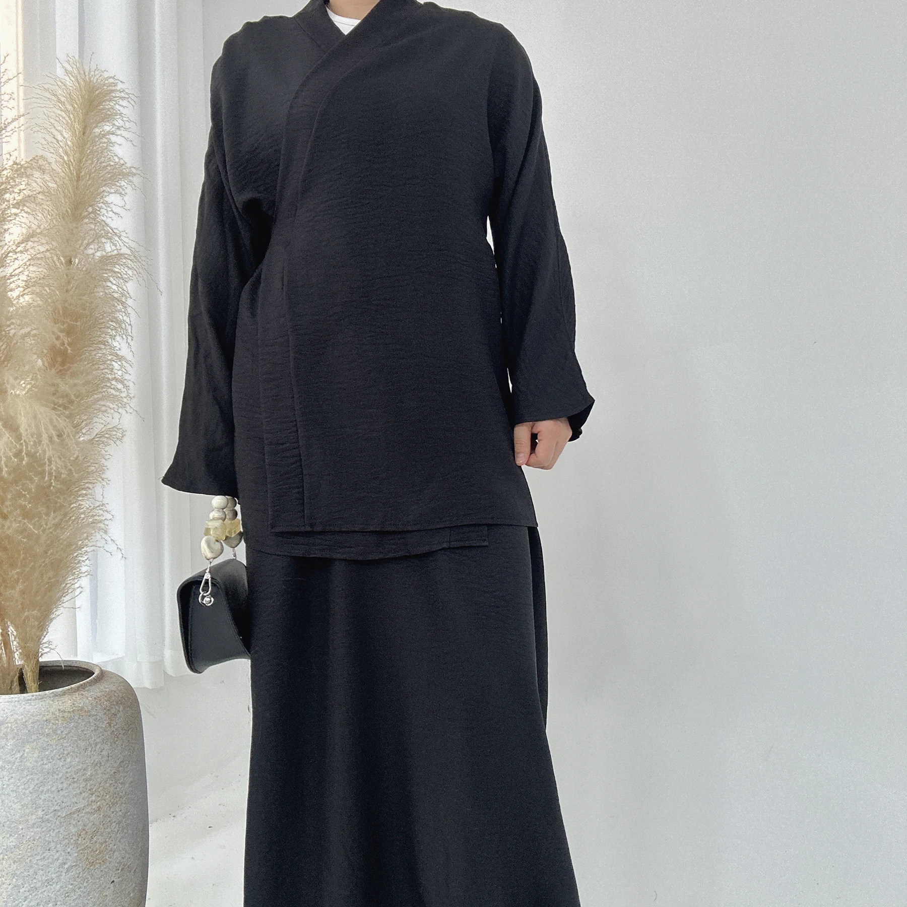 Vestido turco de dos piezas para mujer, traje camisero musulmán Abaya, Top y pantalón para mujer, conjunto de Kimono liso, LR807, 2024