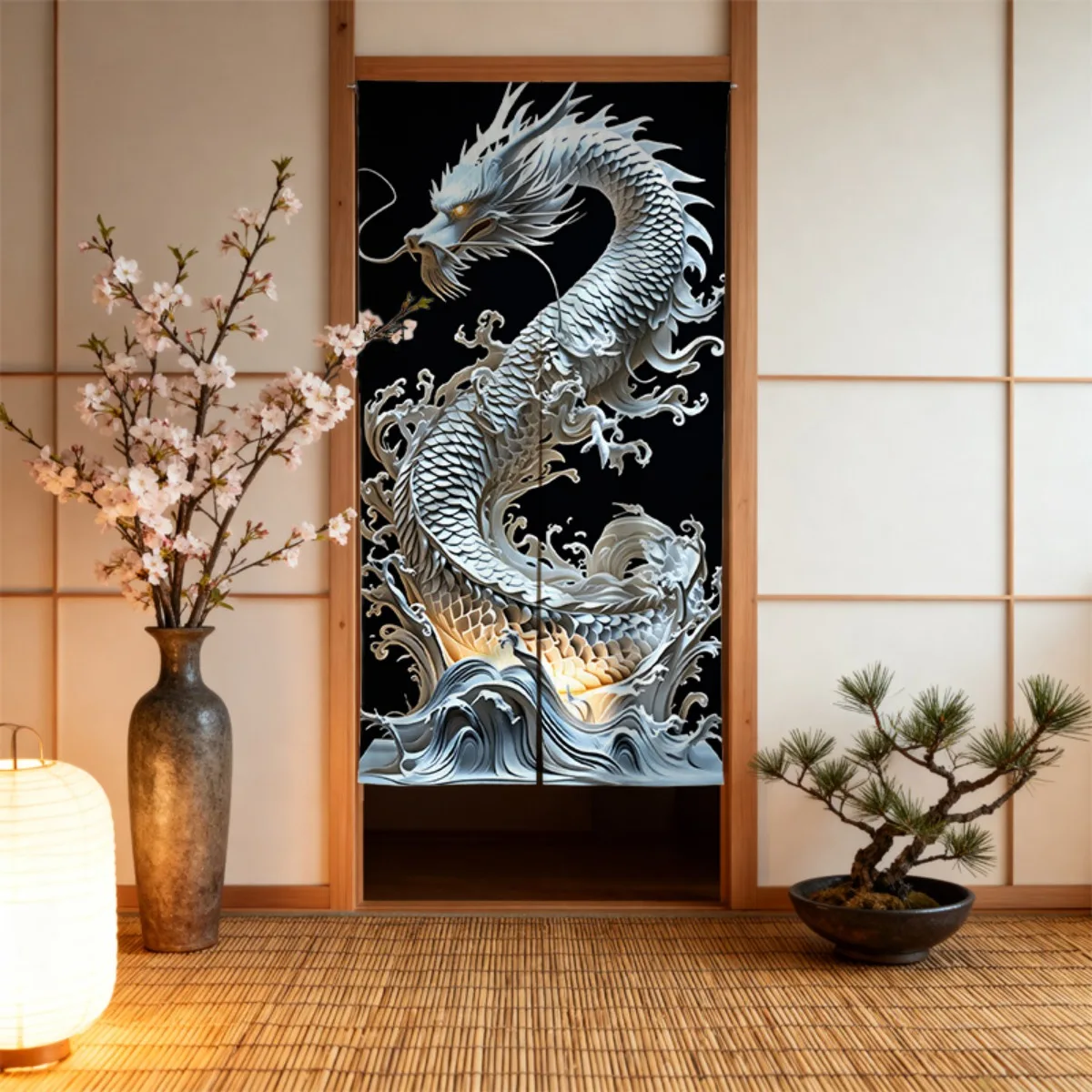 Japanese Style Black and White Dragon Door Curtain - Elegant Asian Art Motif Room Divider Privacy Drape for Kitchen Living Room