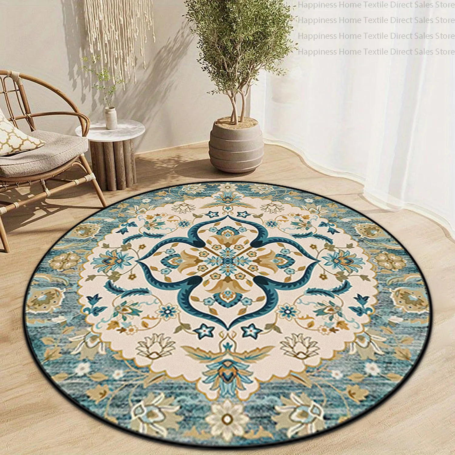 Bohemian Ethnic Style Living Room Round Rug Bedroom Non-slip Machine Washable Bedside Mat Soft Fluffy Decorative Home Carpet