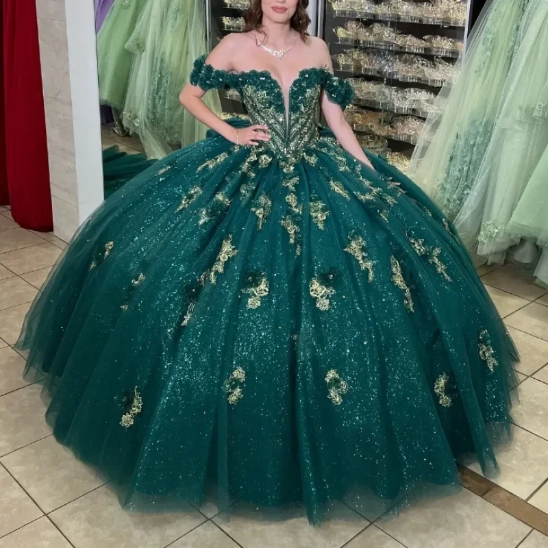 Blackish สีเขียว V คอ vestido de princesas Appliques ปิดไหล่เจ้าหญิง Quinceanera ชุดหวาน 16 Vestidos De 15 ที่กําหนดเอง