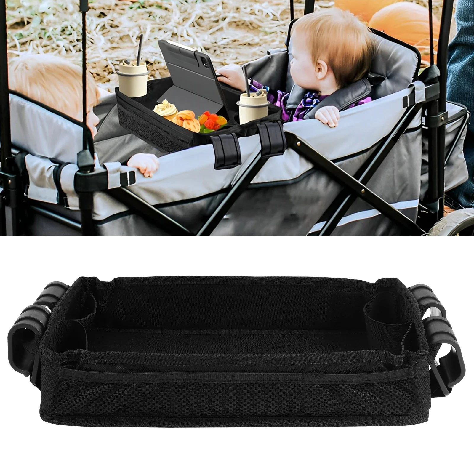 

Stroller Tray with Cup Holders W2 Double Sided Stroller Tray with Storage Mesh Pockets Detachable Outdoor Travel Accessories