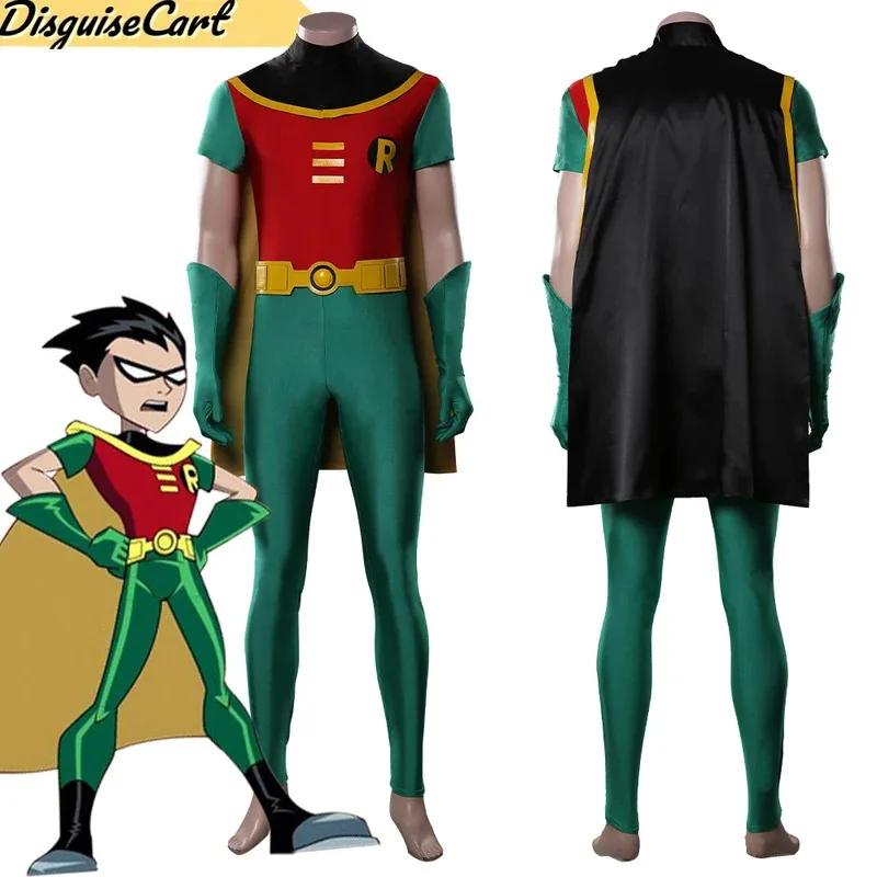 Robin Cosplay Jumpsuit Cloak Cartoon Young Titans Costume Roleplay Male Halloween Role Play Fancy Party Disguise Bodysuit Adult
