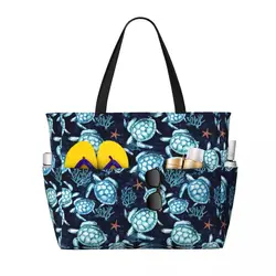 Borsa tote personalizzata grande con tartarughe blu oceano per borsa da viaggio da palestra da spiaggia con spalla per animali marini da donna