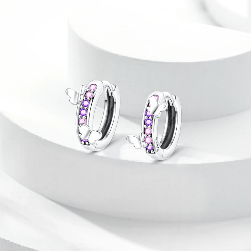 Original 925 Sterling Silver Earrings Sparkling Shining Dreamy Butterfly Hoop Earring for Women Girl Party Birthday Jewelry Gift