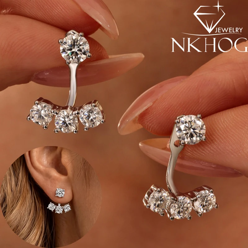 NKHOG Round All Moissanite Earrings Women Certified S925 Silver Lab Diamond Adjustable 3 Holes Double Layer Stud Earring Jewelry