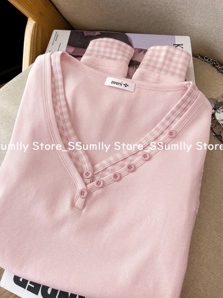 Pink V-neck Fake Two Long-sleeved T-shirts Women Spring New Slim Plaid Stitch Tops Korean Design Casual Underwear Clothes 2025