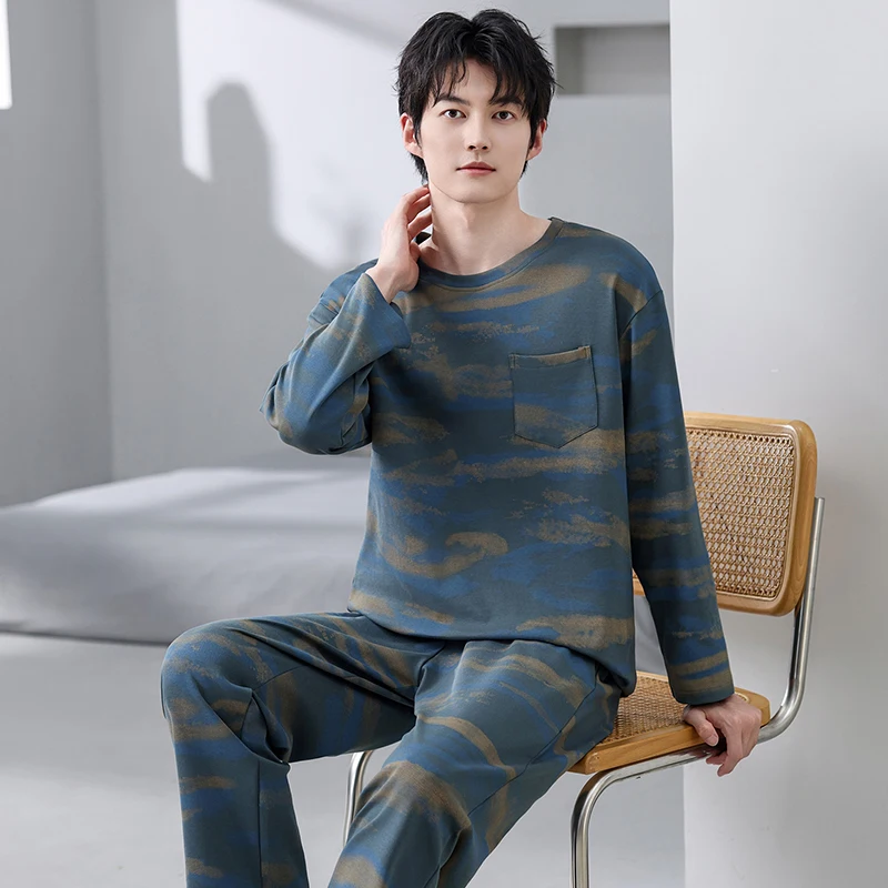Men Full Pure Cotton Pijamas Fashion Print Pajama Sets Sleepwear Long Sleeve Tops+Long Pants Pajamas Home Clothing Pyjamas Male
