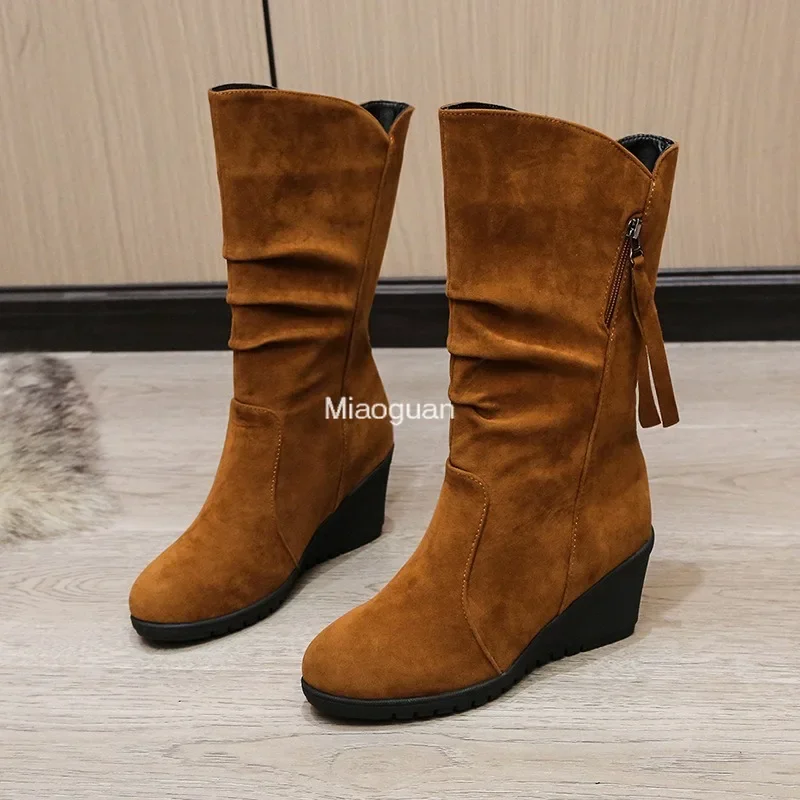 Vintage Faux Suede Wedge Ankle Boots for Women\'s 2024 Autumn Winter Warm Plush Flat Heels Short Boots Woman Slip on Cowboy Botas