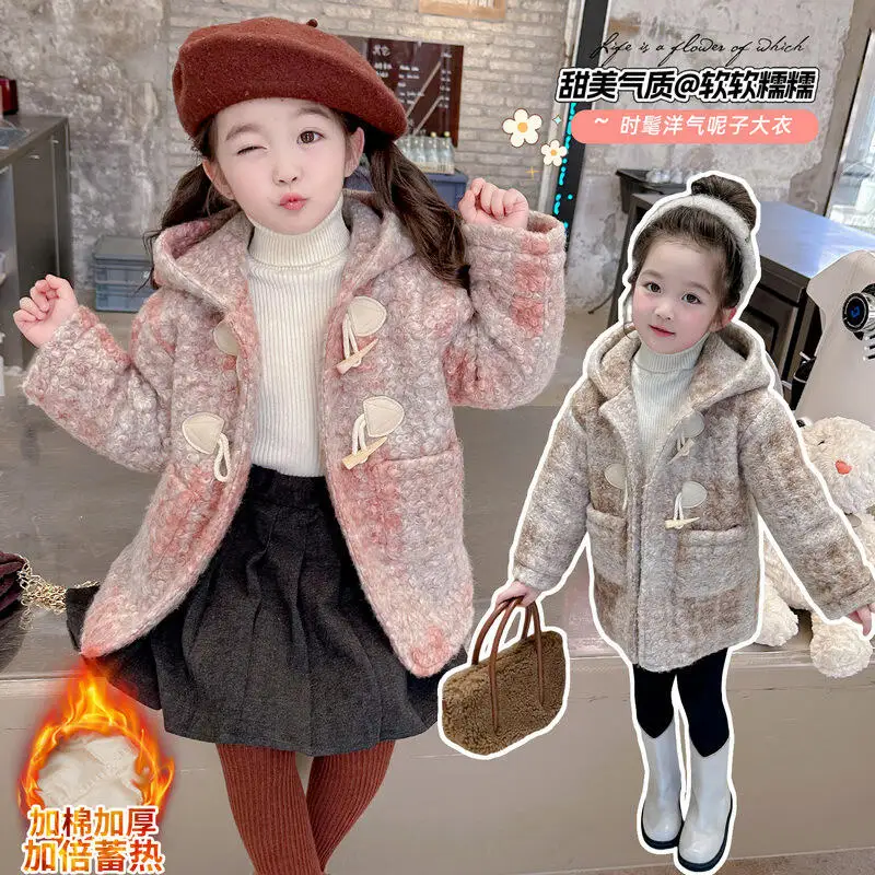 

Kawaii Girl Fashion Thicken Overcoat Tops Student Winter Cartoon Casual Mid-Length Keep Warm Hooded Coat Children's Clothing New