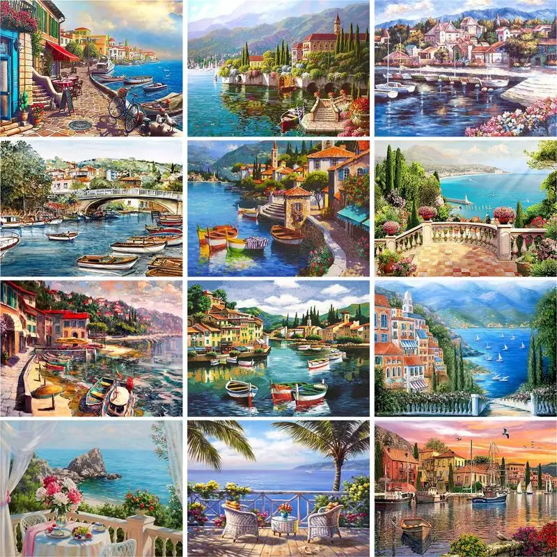 GATYZTORY 60x75cm Framed Painting By Numbers Handmade DIY Gift Beautiful Holiday Village Scenery Paint Kits Home Living Room Cra