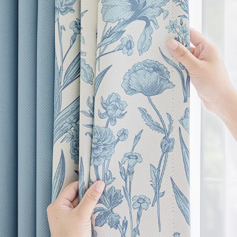 Blackout Cotton Linen Modern Blend Thick Splicing Curtains Luxury Blue Modern Elegant Custom Size for Home Decor  Fashion