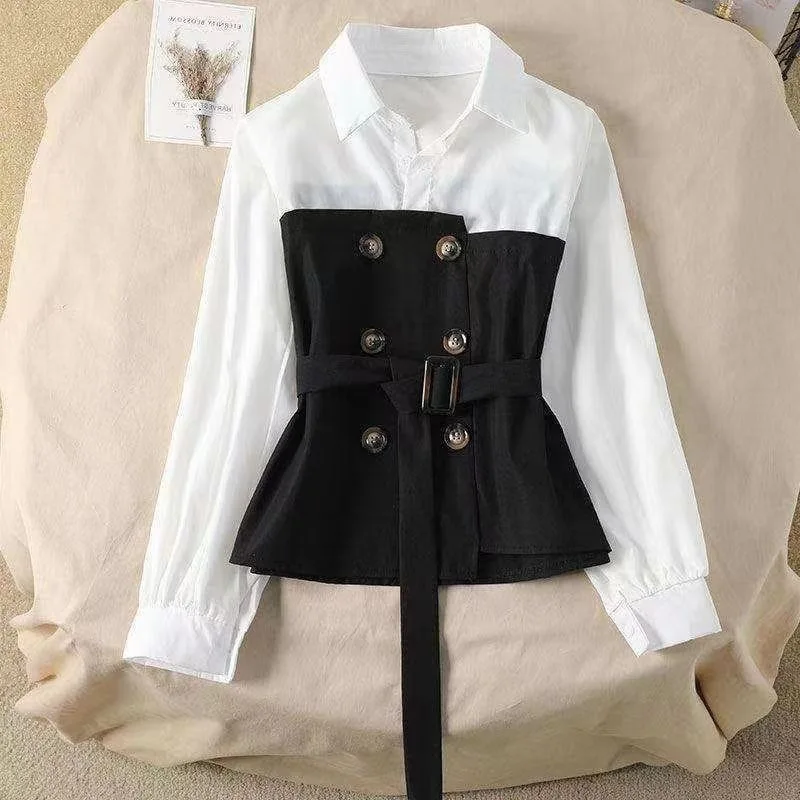 Korean Commute 2024 Spring Autumn New Blouses Women\'s Solid Patchwork Button Sashes Fashion Loose Polo Collar Long Sleeve Shirts