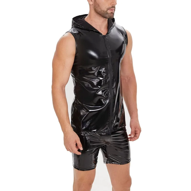 Plus Size Mens Shiny Leather Hooded Tank Top Soft PVC Leather T-Shirts Sleeveless Male Black Red Full Zipper Shaping Vest