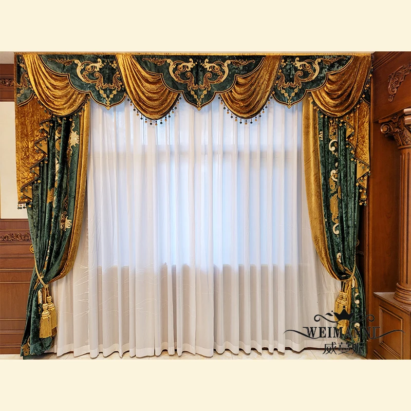 Custom European Upscale living room high window dark green embroidery velvet cloth valance blackout curtain tulle drape C1992