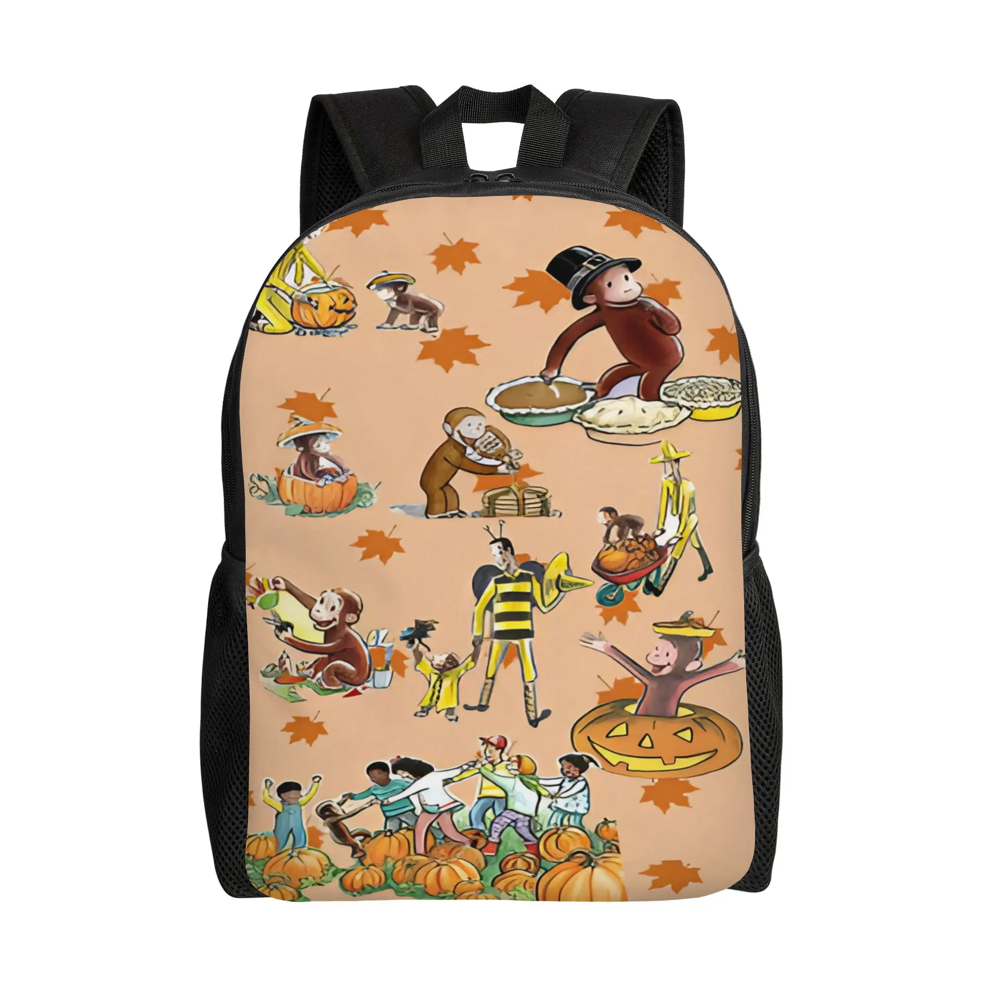 Cute Curious George Outdoor Scene Backpack  Boy Girl Polyester Travel Backpacks Soft Kawaii High School Bags Rucksack