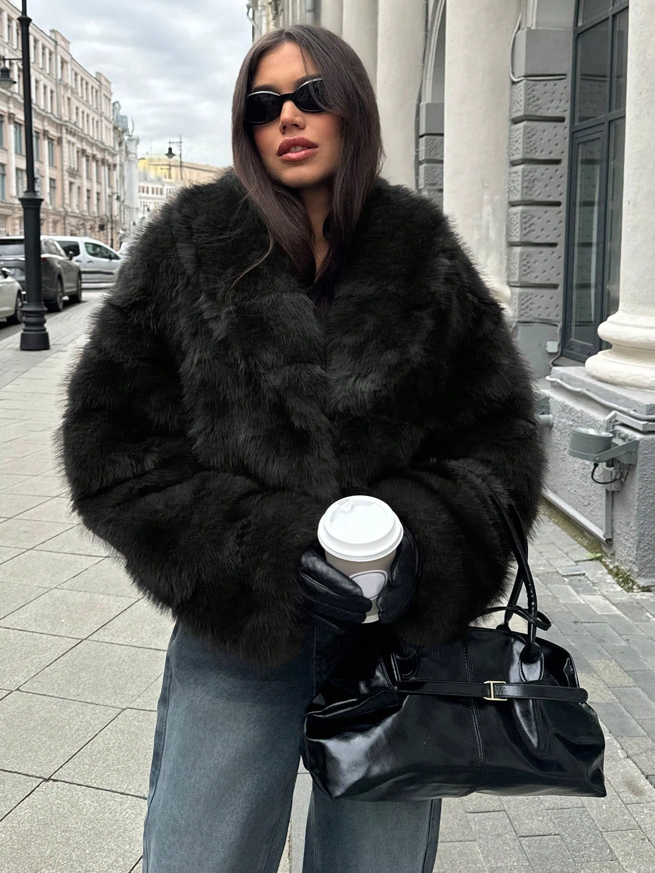 2026 Autumn Winter Women Faux Fur Jacket Lapel Collar Fluffy Long Hair Open Front Cropped Black Coat