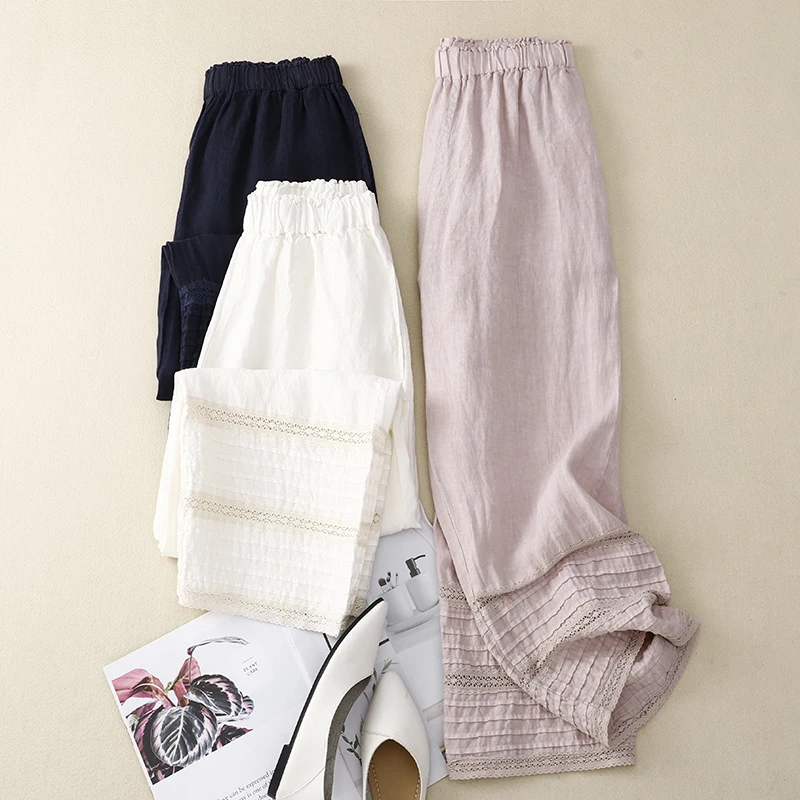

Повседневные широкие брюки, женские летние японские лесные брюки, прямые повседневные льняные брюки с цветочным узором
