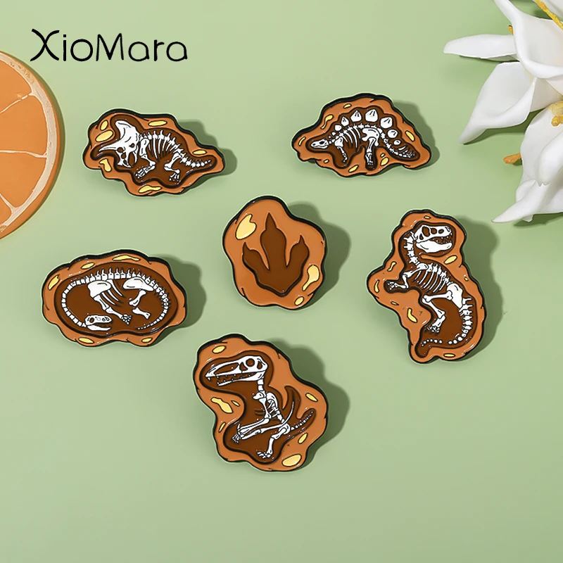 Wholesale Price Dino Fossil Enamel Pins Custom Dinosaurs Brooches Lapel Badges Jurassic Animal Skeletons Jewelry Gift