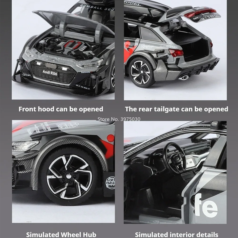 1:32 アウディ RS6 車のおもちゃ 合金ダイキャストモデル ライトとサウンド付き 精巧なインテリア ミニチュア車両 プルバックカー 子供の教育エンターテイメント用
